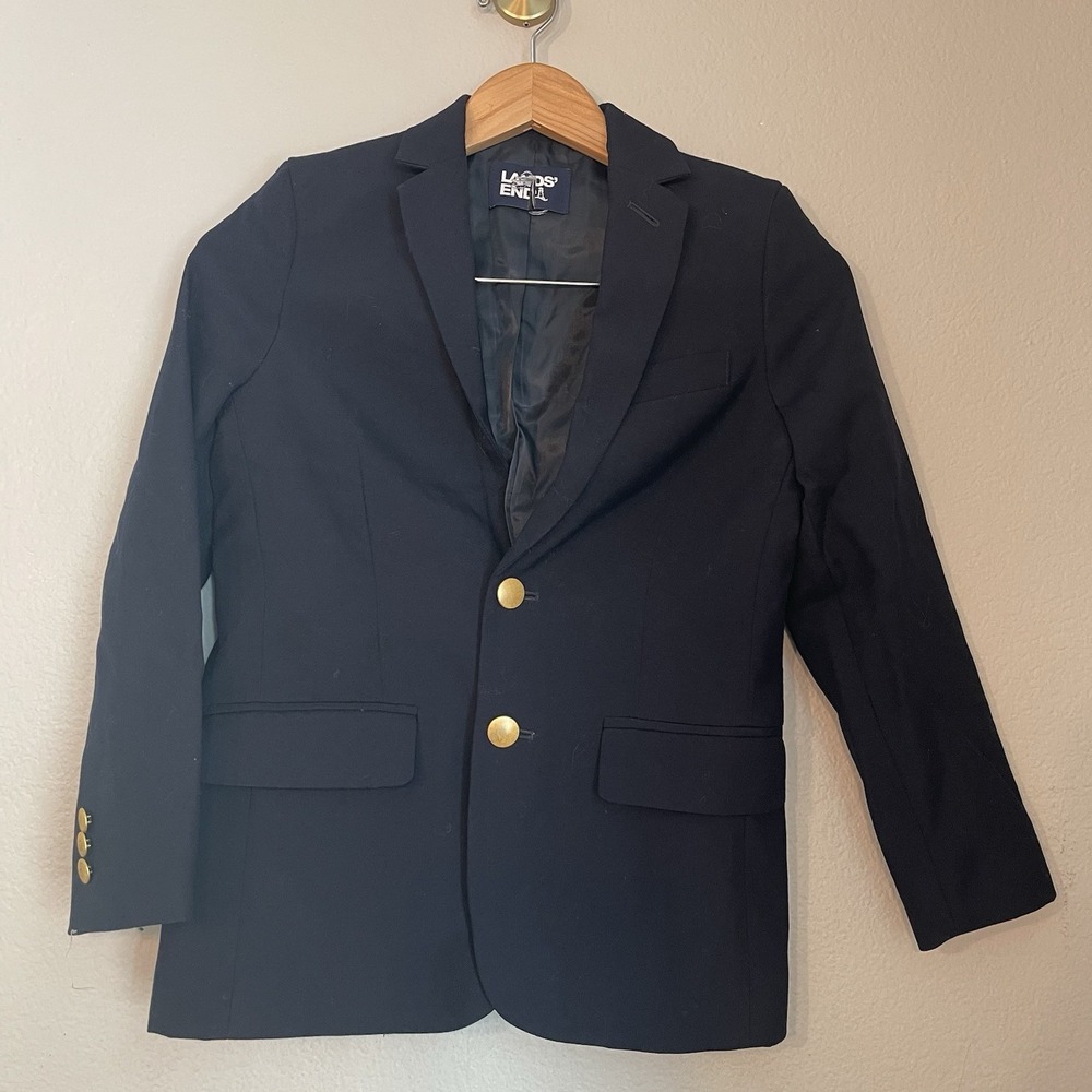 Lands' End Boys Size 10 Navy Blue Uniform Blazer Gold Buttons Wool Blend Lined